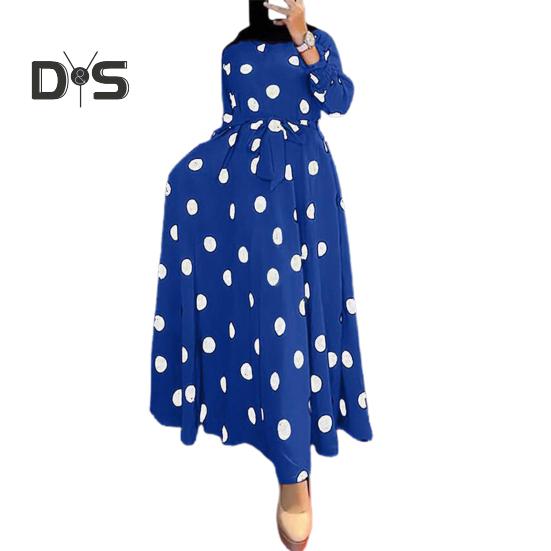 

Платье для женщин осень-весна, с принтом в горошек, с круглым вырезом, длинным рукавом, поясом, облегающим, с высокой талией, со свободным подолом, длиной до щиколотки, в стиле ретро, макси-платье 2XL темно-синий