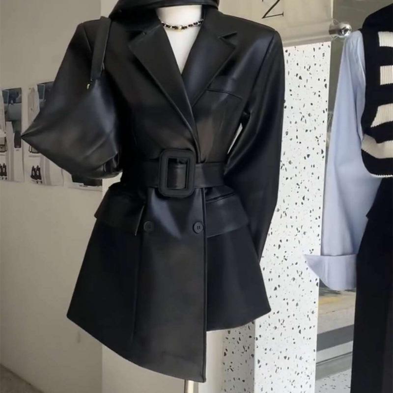 Dámska Khaki Retro Kožená Bunda - Yuppie Štýl, High-End, Zúžená v Pás, Jesenný Trend