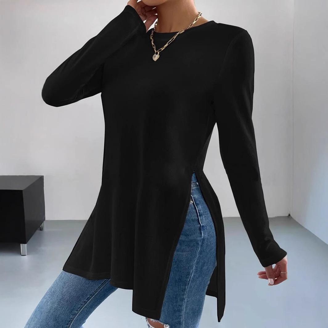

Модная повседневная футболка с круглым вырезом и длинными рукавами с боковыми разрезами - Однотонные цвета для осени/зимы Medium чёрный