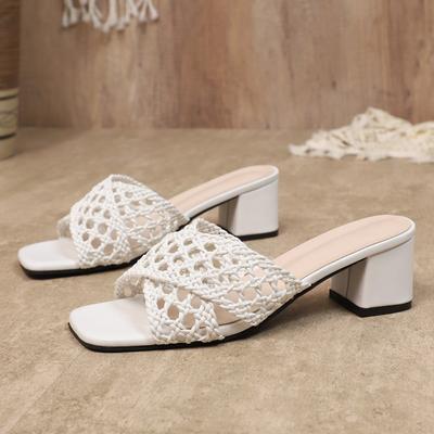 Mode Weben Damen High Heels Damen Hausschuhe Mode Eckige Zehenpartie Ausgehöhlt Klobige Schuhe 2025 Sommersandalen Neue Lässige Flip-Flops Sandalen