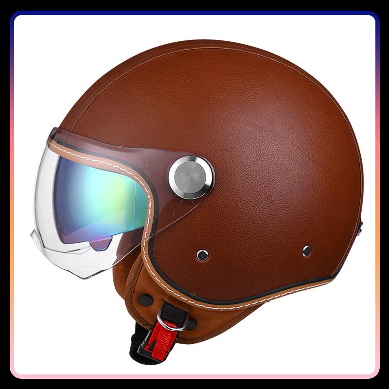 Daul Lens Open Face Motorcycle Helmets Leather Retro 3/4 Jet Moto Helmet with Double Visor Safety Riding 3/4 Half Helm DOT