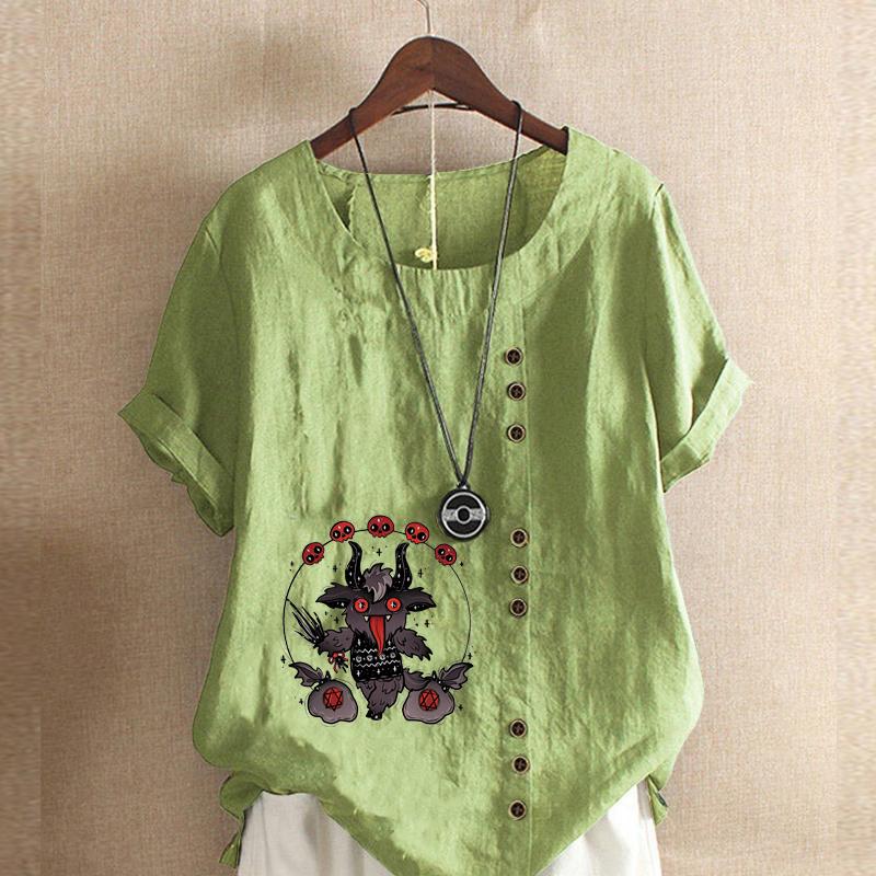 

Женская мода с круглым вырезом и коротким рукавом, повседневная хлопковая льняная рубашка с рисунком, свободная летняя блузка с милыми узорами для отдыха, топы больших размеров 5XL зелёный