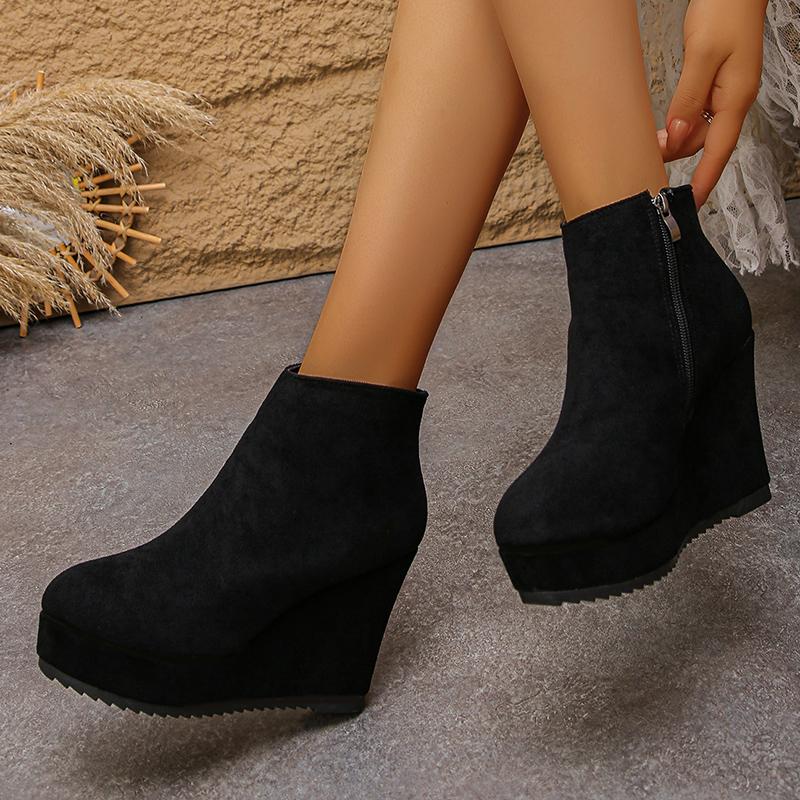 Fashion Black Wedge High Heel Ankle Boots Women Faux Suede Chunky Platform Boots Woman 2025 Plus Size 35-42 Zipper Short Booties Mujer
