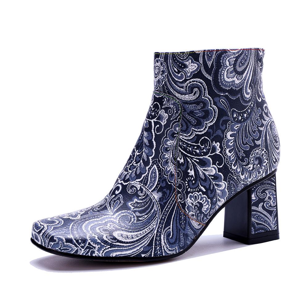 Johnature Genuine Leather Handmade Printed Comfortable Coarse Heel Side Zipper Women's Short Boots