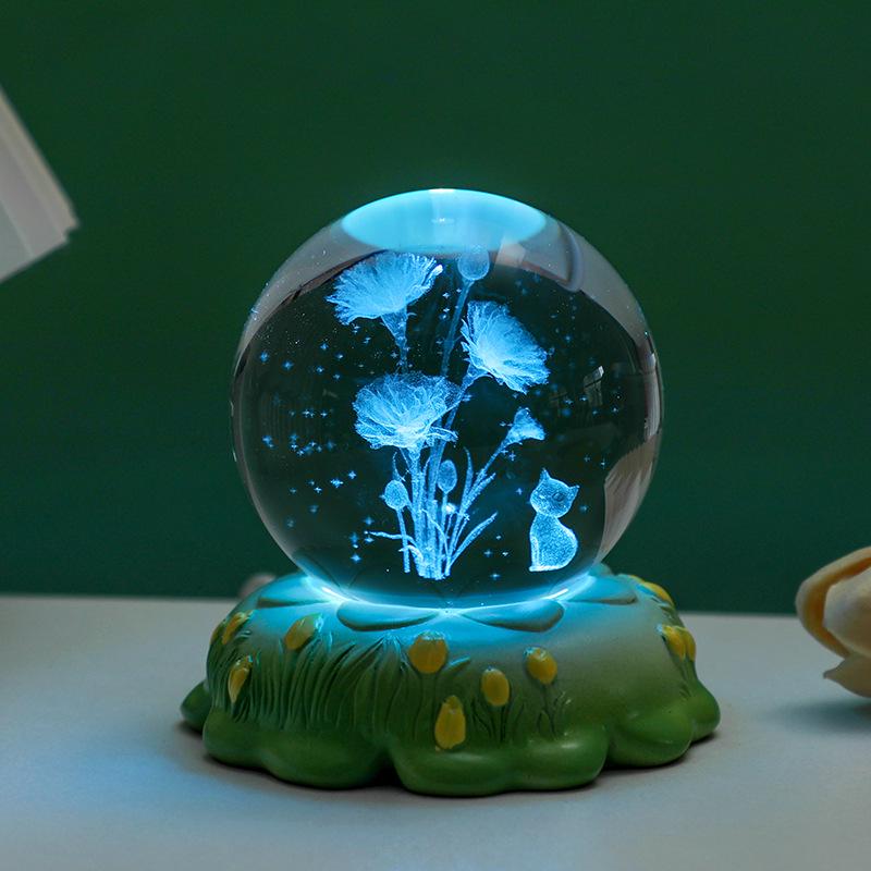 Tulip Crystal Ball 3D Night Light - Luminous Bedroom Ornament & Birthday Gift for Girls