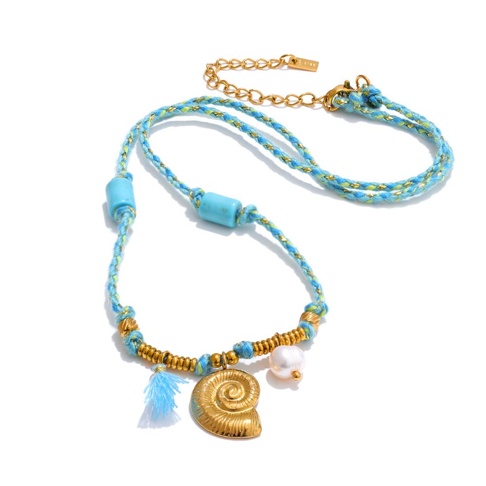 Yhpup Arrivals Handmade Jewelry Natural Pearl Turquoise Stone Shell Drop Necklace Stainless Steel Exquisite Jewelry Ocean Style