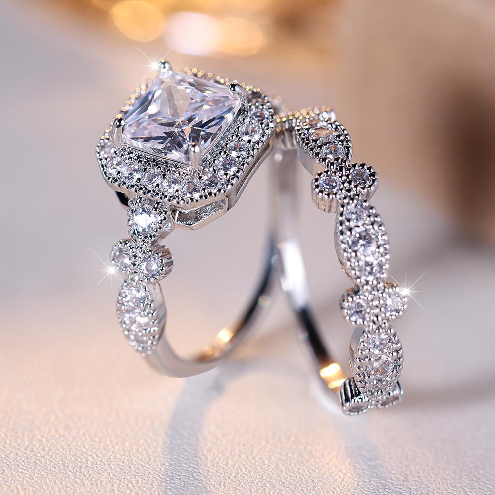 Simple Elegant Square Cubic Zirconia Rings Set for Women Silver Color Engagement Wedding Party Fashion Female Ring Jewelry