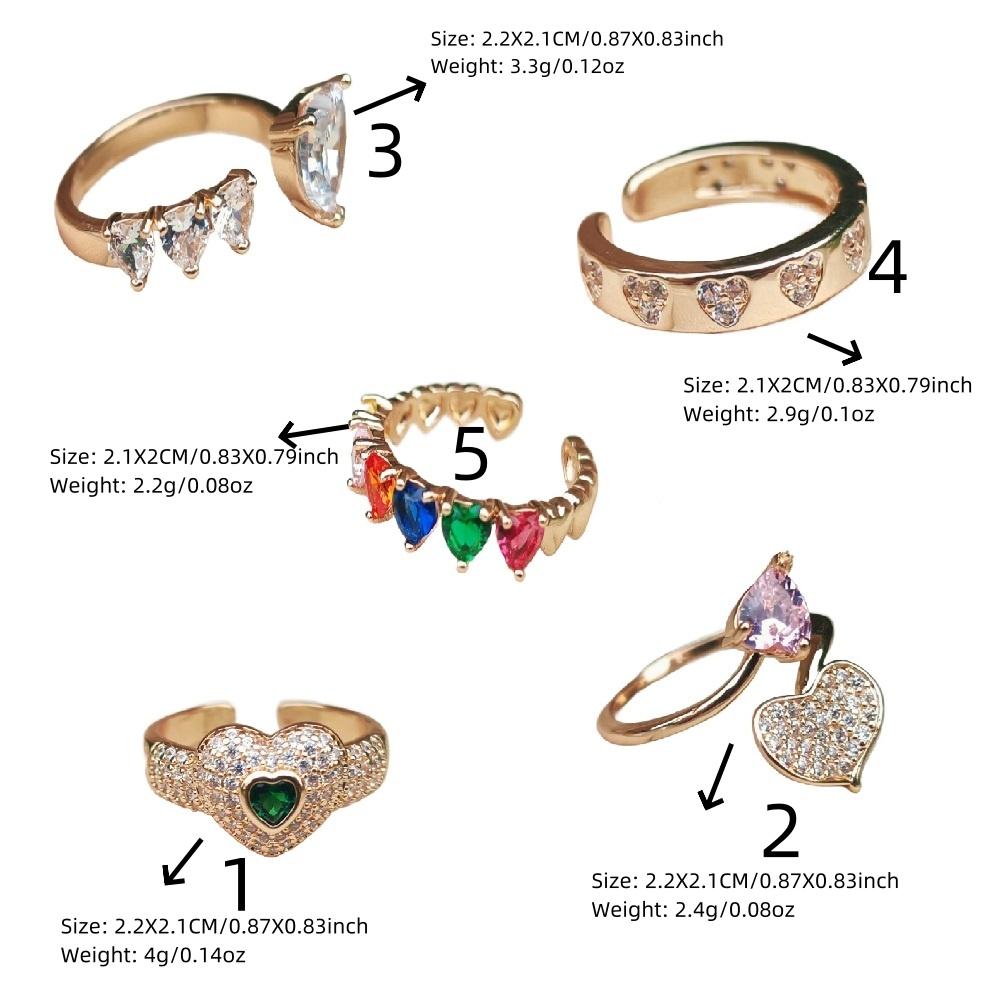 1 Piece Fashion Colorful Zircon Heart Shape Opening Adjustable Rings for Women Stackable Ring Jewelry Wedding Party Accessories