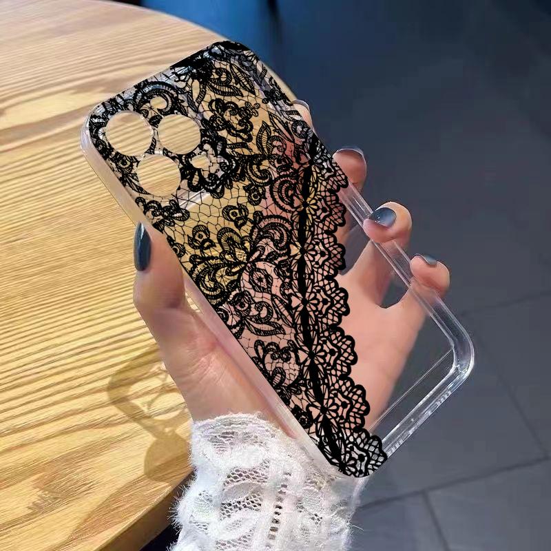 Black Lace Phone Case for iPhone 17 Air 16 15 14 13 12 11 Pro Max Plus Mini X 8 7 Soft Transparent Cover Fundas Accessory
