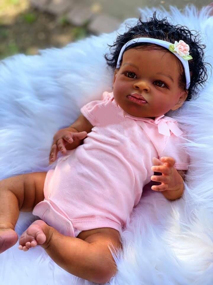 50cm Black Skin Doll in Pink Romper - Realistic Lanny Doll 50cm Cloth Body