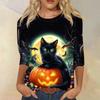 Dámské módní ležérní top s tříčtvrtečním rukávem a halloweenským potiskem, kulatý výstřih