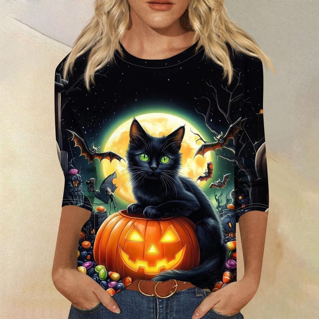 Dámské módní ležérní top s tříčtvrtečním rukávem a halloweenským potiskem, kulatý výstřih