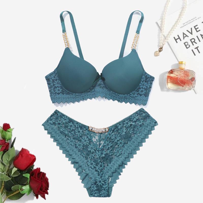 "Women's Off-Shoulder Lace Bra Set: Sexy Gathered Bra, Diamond Metal Chain Straps, Semi-Transparent Briefs."
