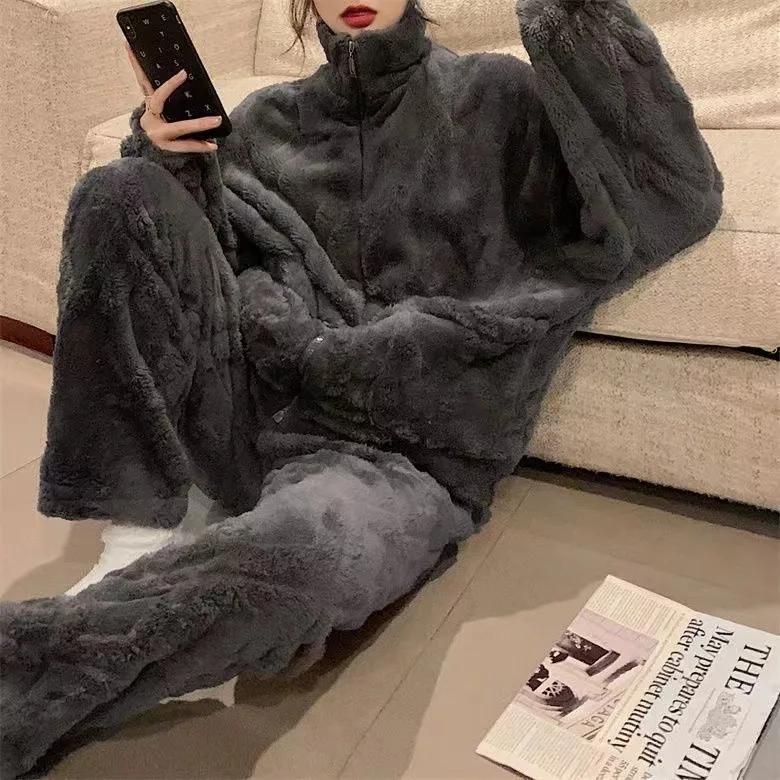 

Осенне-зимняя женская пижама, брючные костюмы, утепленная фланелевая водолазка, комплект из 2 предметов, свободная повседневная теплая домашняя одежда из кораллового флиса 2XL серый