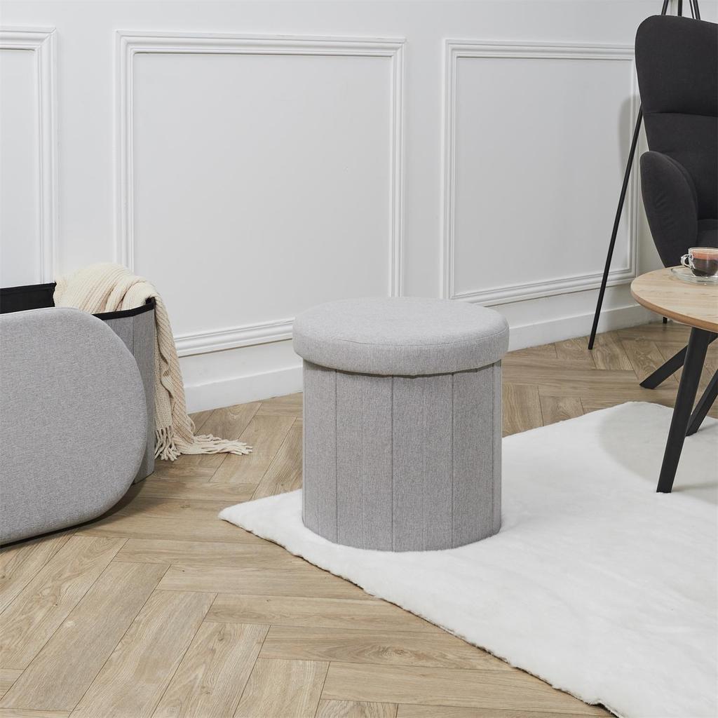 Olaf Foldable Pouffe, Gray, With Storage Compartment, Round, 38 Cm