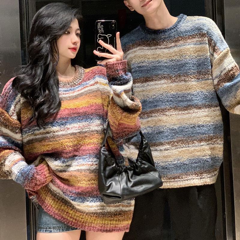 

Мужской/Женский полосатый пуловер и кардиган на осень/зиму: Уютный свободный крой в корейском стиле M