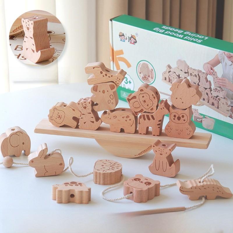 Wooden Animal Balance Seesaw With Building Blocks For Toddler Educational Play