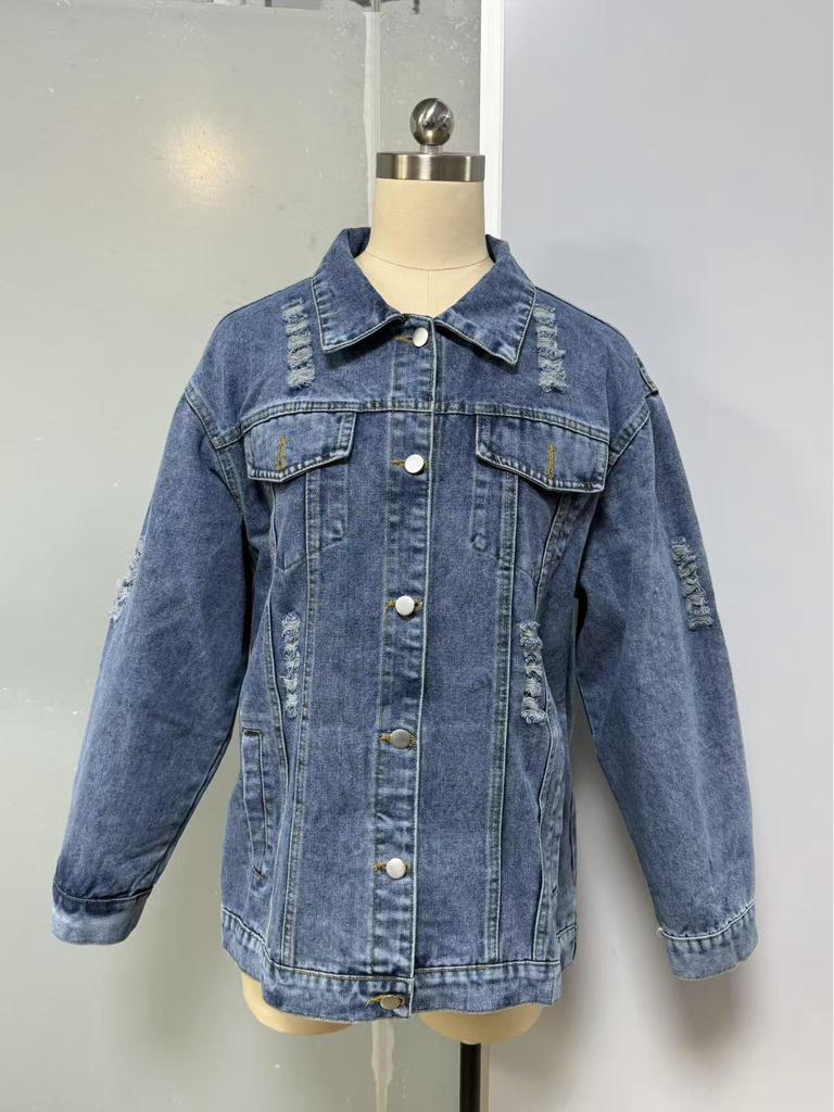 Women's Versatile Ripped Denim Jacket - European & American Style, Loose Fit
