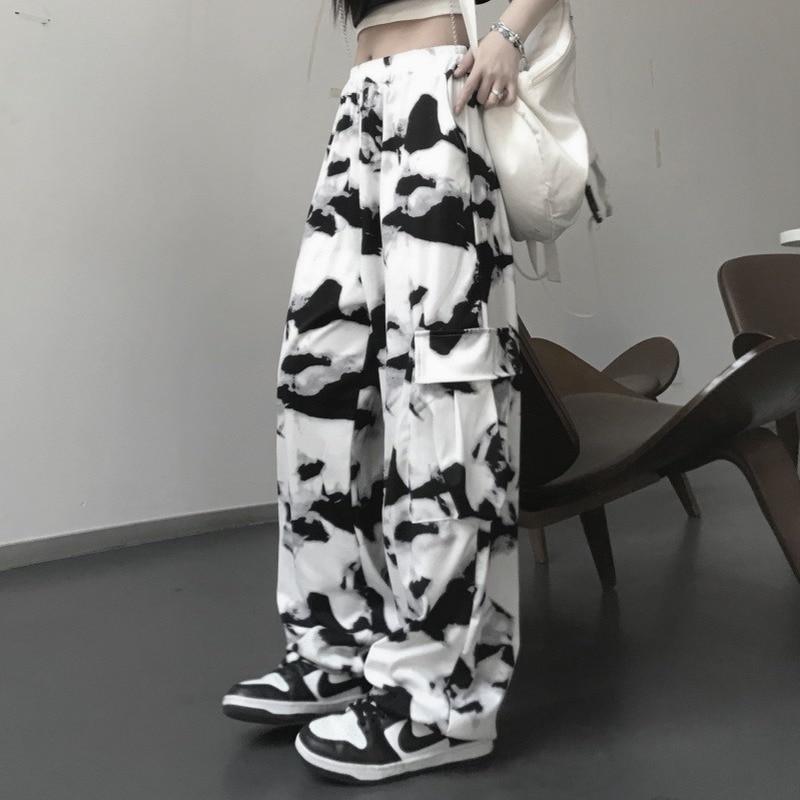 Cargo Pants Tie Dye Harajuku Streetwear Women Wide Leg High Waisted Trousers Punk Oversize Aesthetic Korean Fashion
