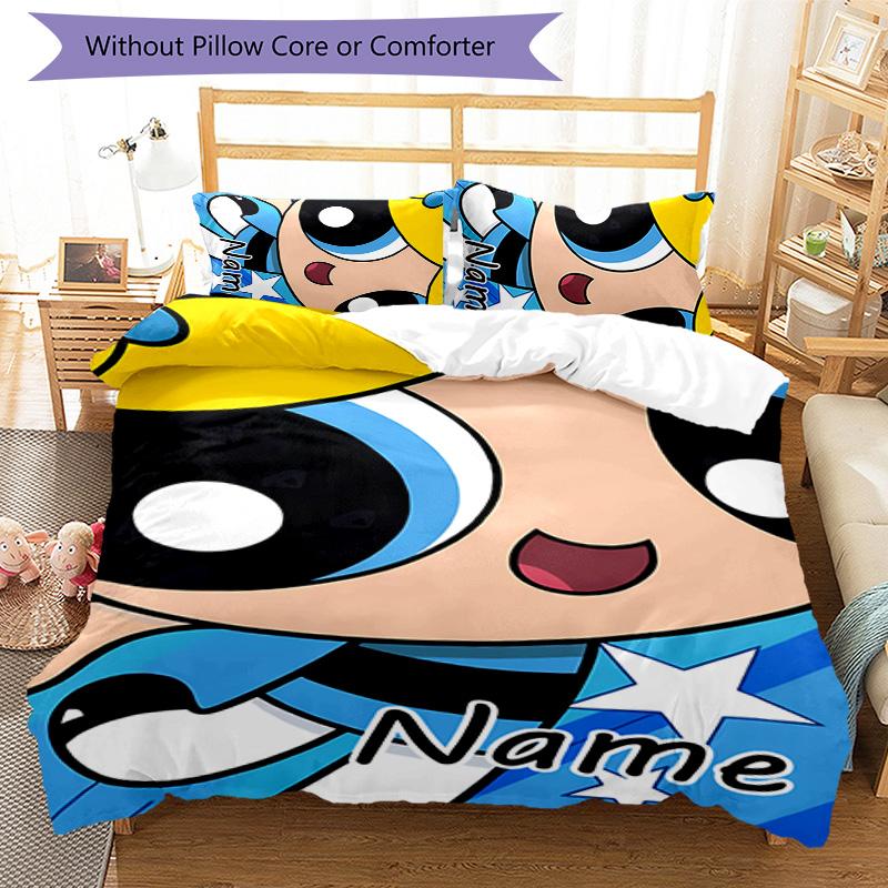 3pcs The Powerpuff Girls5 Cover Set - Personalized Name, HD Printed Bedding with 1 Cover and 2 Pillowcases - Perfect for Home Decor, Easy Care
