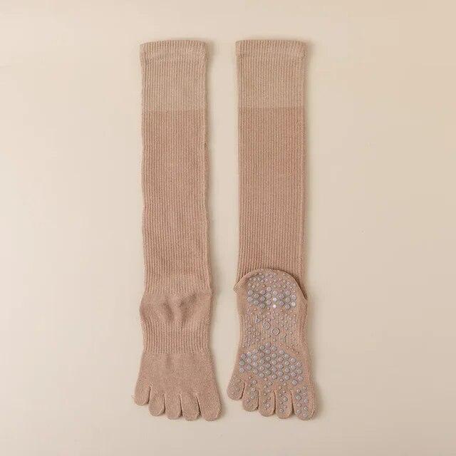 Women Five Toes Pilates Yoga Socks Professional Silicone Anti-slip Fitness Sports Socks Solid Color Cotton Knee Socks Stockings