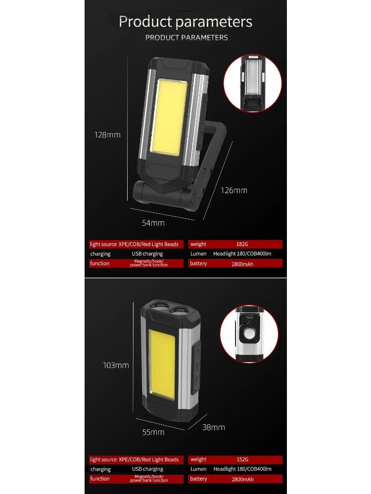 Portable COB Magnetic Work Light Rechargeable LED Flashlight Super Bright Camping Waterproof Car Repair Lamp with Brackets