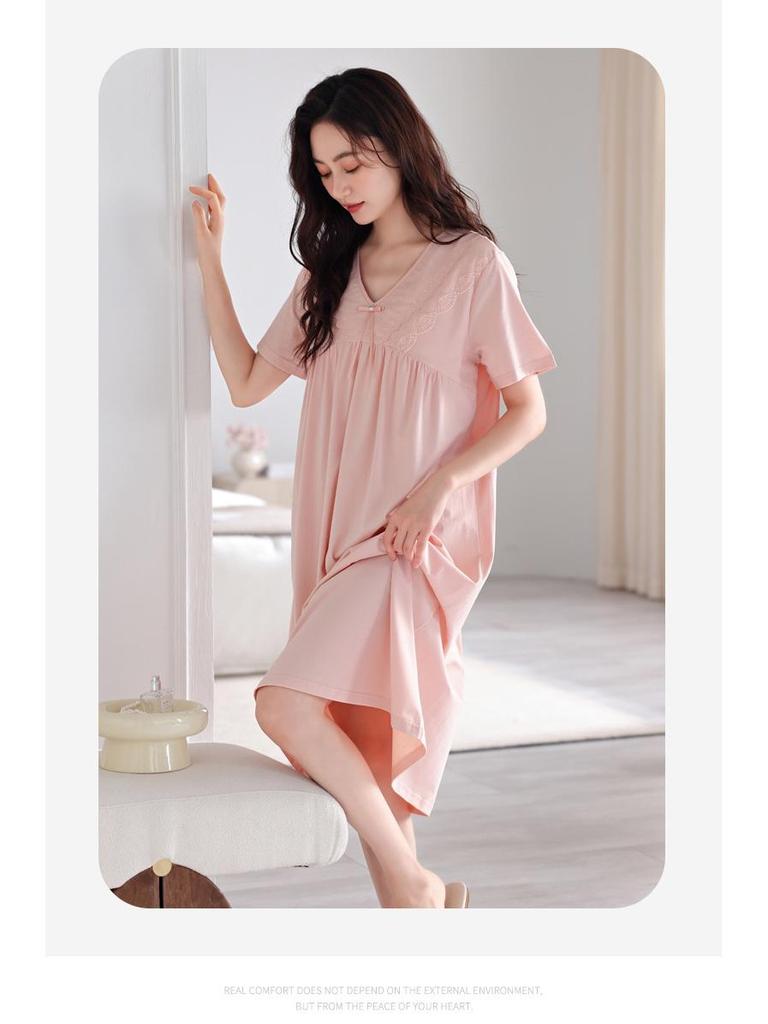 Women's Summer Cotton Lace Nightgown with Chest Pads, Short Sleeve, Mid-Length, Plus Size