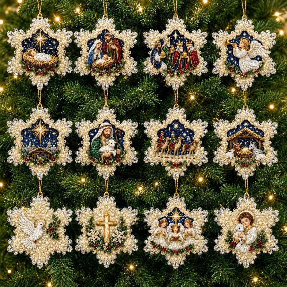12Pcs Pearl Christmas Wooden Ornament Special-Shaped Gems Hanging Holiday Ornament  Christmas Tree