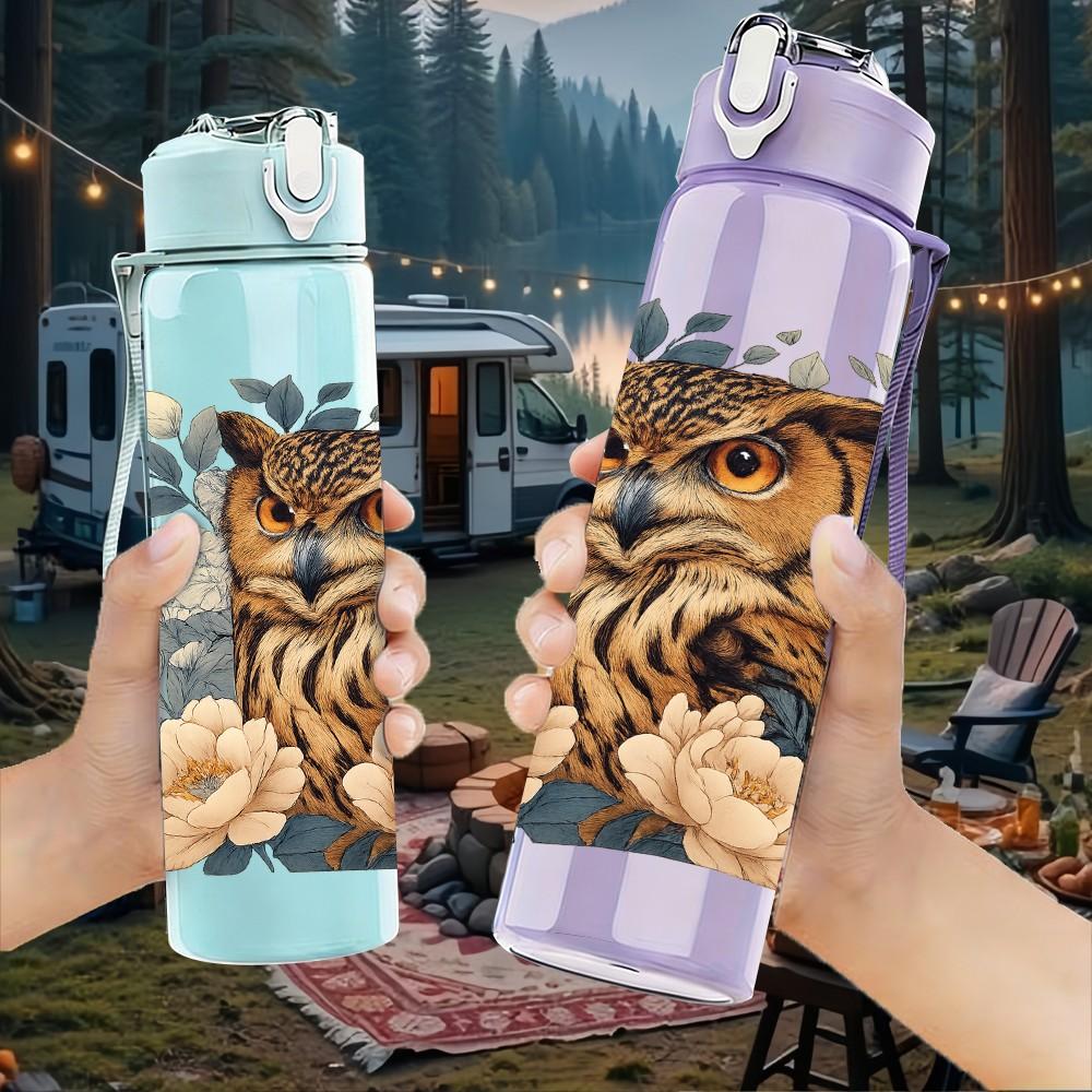 1PC Owl Vintage Flower Decor Print 750ml Color Plastic Sports Water Bottle Leakproof Flip Straw Lid Suitable for Sports Office Home Use