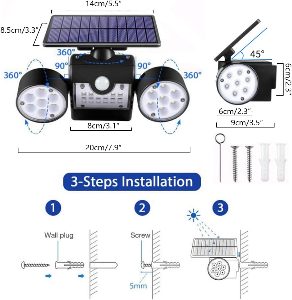 Solar Lights Outdoor with Motion Sensor,3 Head 270° Wide Angle Street Area Lights,IP65 Waterproof Security Lighting with 3 Modes