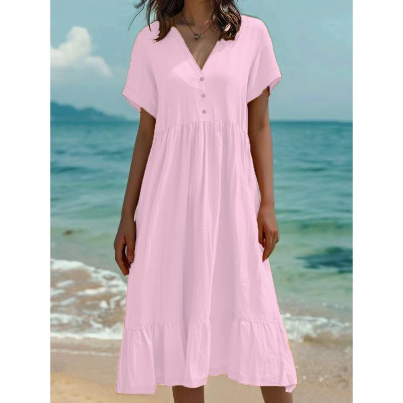 BITCED Fashion Summer Spring Solid Color Print Short Sleeve V-Neck Casual Dresses
