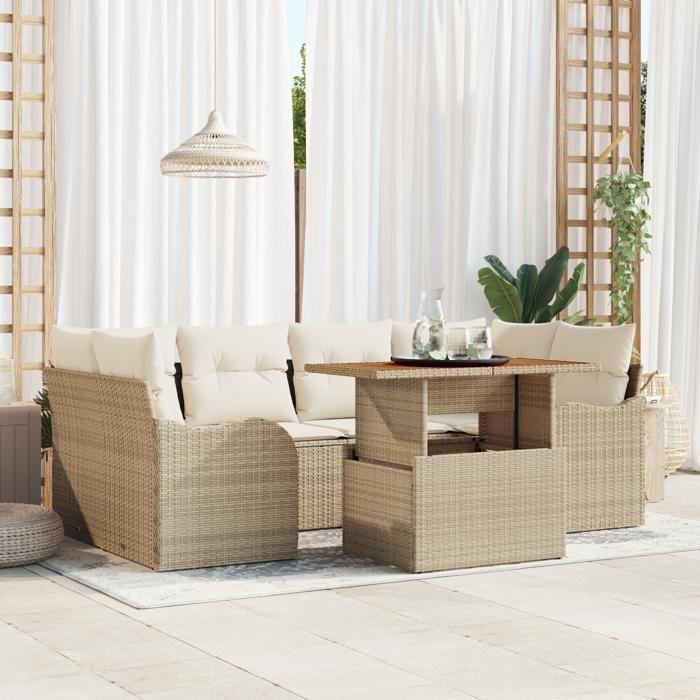 Ensemble de canapé de jardin de 7 pièces vidaXL avec coussins Beige en polyrotin et acacia 3349413
