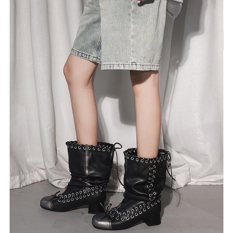 Spot 2025 autumn and winter new fashionable thick heel round head rivet bow short boots fashion wide women's boots