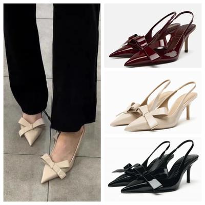 TRAF Woman Fashion Bow High Heels Sexy Pointed Toe Stiletto Shoes 2024 Autumn New Female Elegant Heeled Slingback Pumps 3 Colors