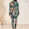Women Plus Size Round Neck Long Sleeve Multicolor Printed Longline Top Fitted Pants Two Piece Set