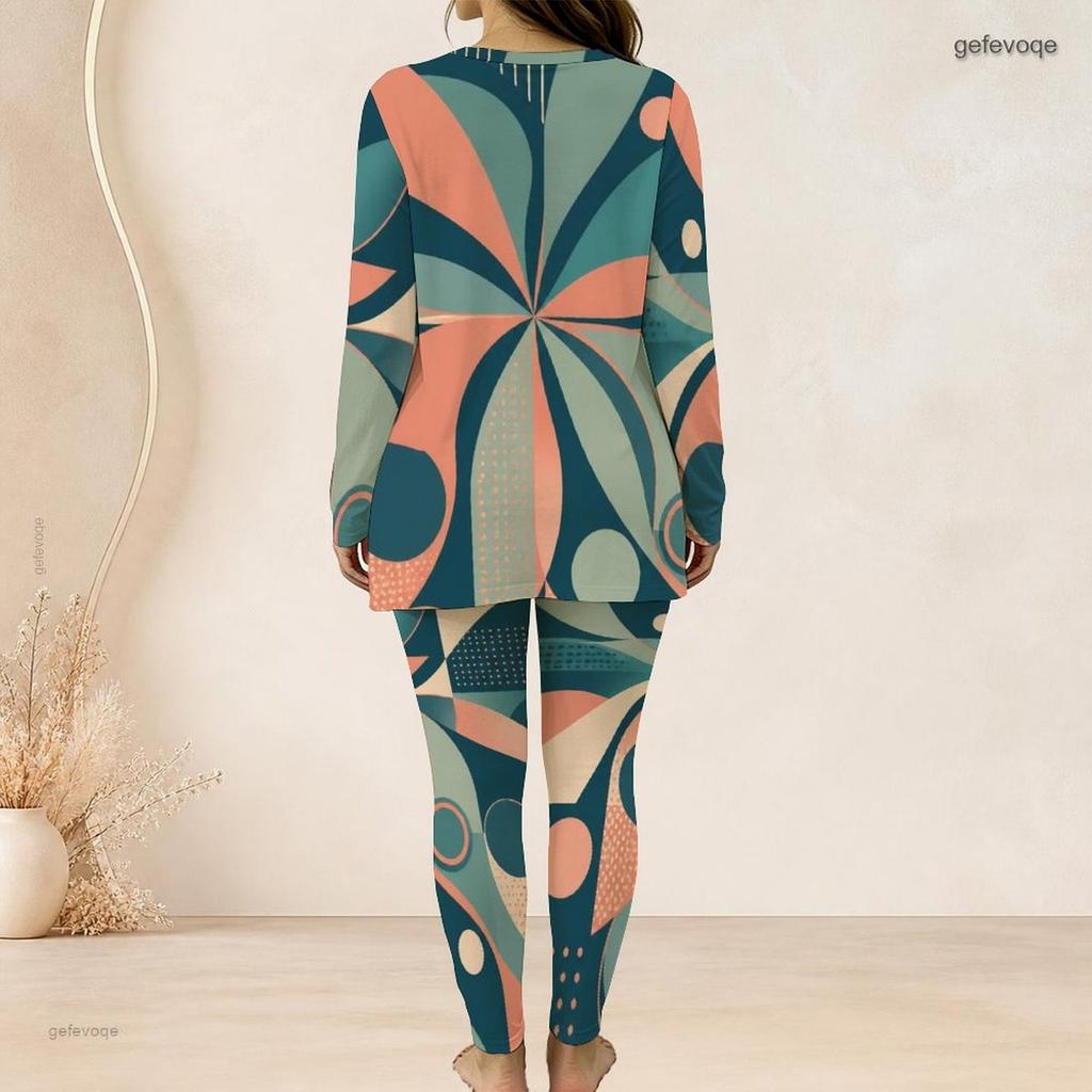 Women Plus Size Round Neck Long Sleeve Multicolor Printed Longline Top Fitted Pants Two Piece Set