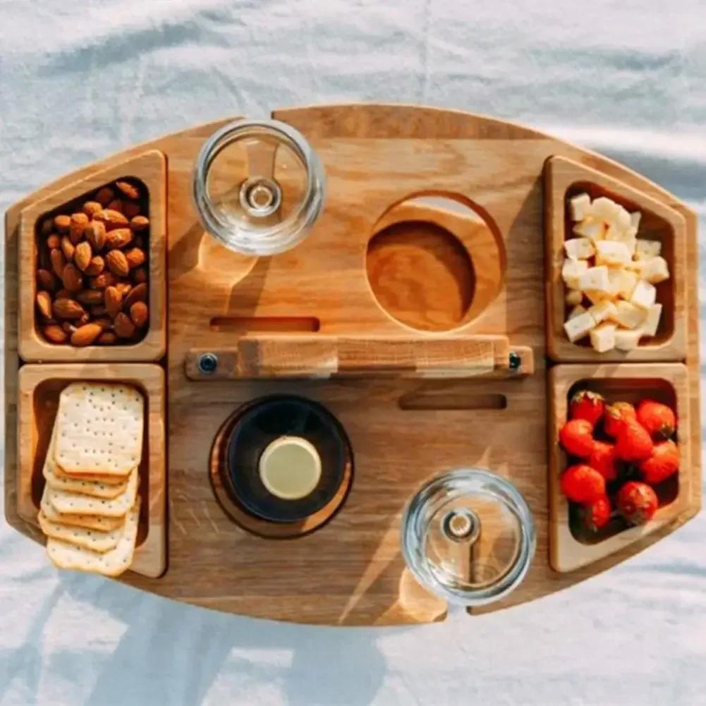 Folding Wine Table Outdoor Removable Wine Glass Holder Folding Table Fruit Snack Tray Portable Wooden Picnic Table Carry Handle