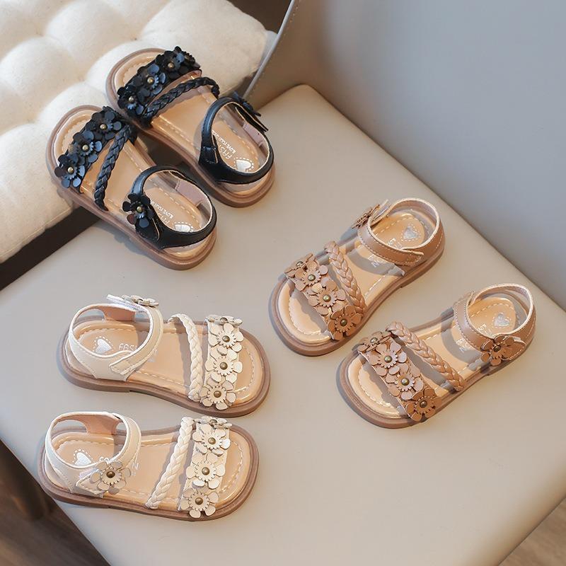 New Summer Woven Girls Sandals, Floral Princess Shoes, Soft Sole Beach Sandals for School-age Girls