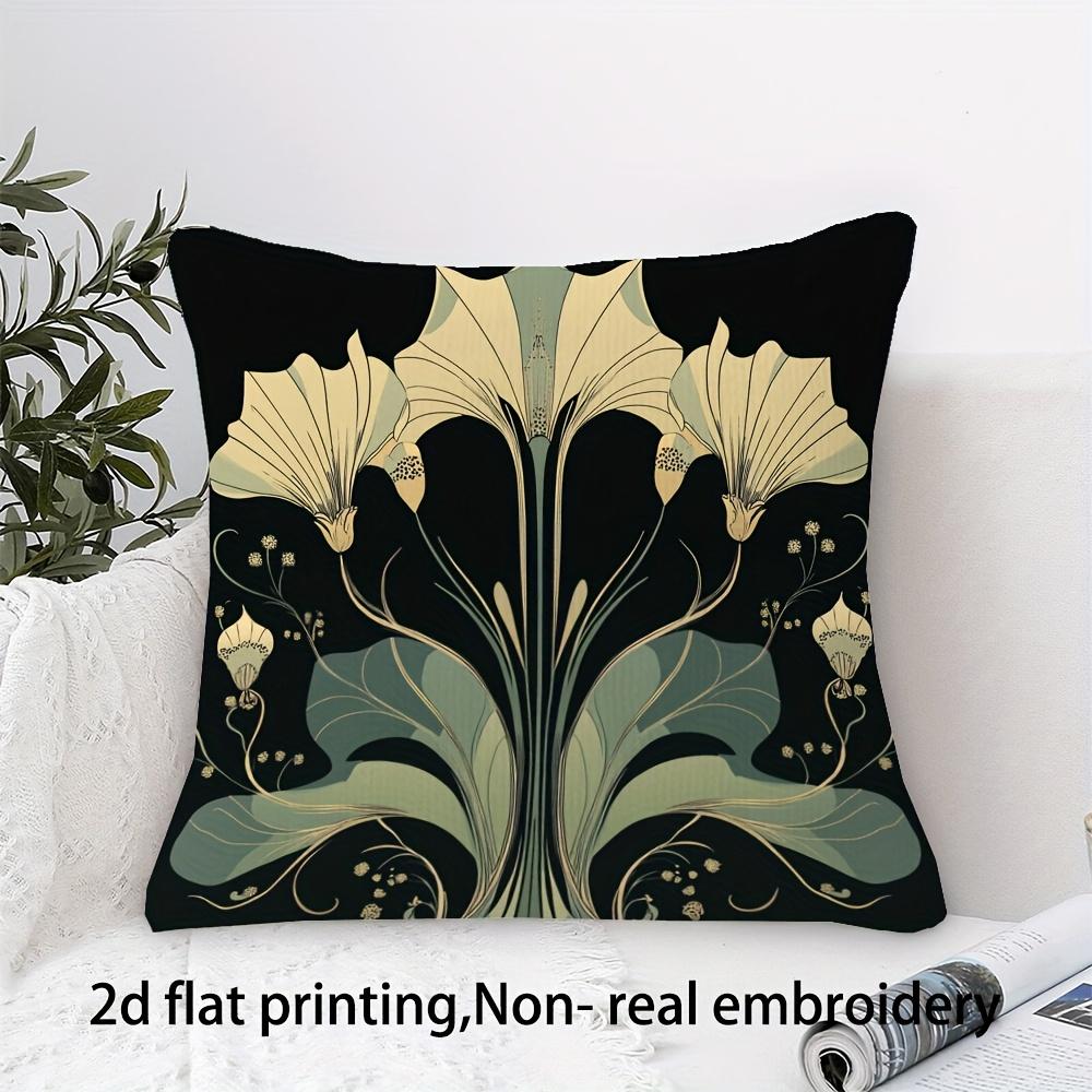 Short Plush “Art Nouveau Iris” Pillowcase Double Sided Flat-Printed Zipper Cushion Cover Black Background Botanical Decor