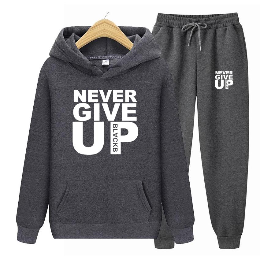 Dame Langermet Hettegenser Sett Hettegensere Sweatshirts Mykt Treningssett Aldri Gi Opp Trykk Topper Streetwear Kvalitet Pullovere