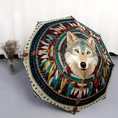 0106 Vintage Native American Style Animals  Pattern, Automatic Folding Umbrella, Portable and Foldable Design, 8 Ribs, a Christmas or Birthday Gift.
