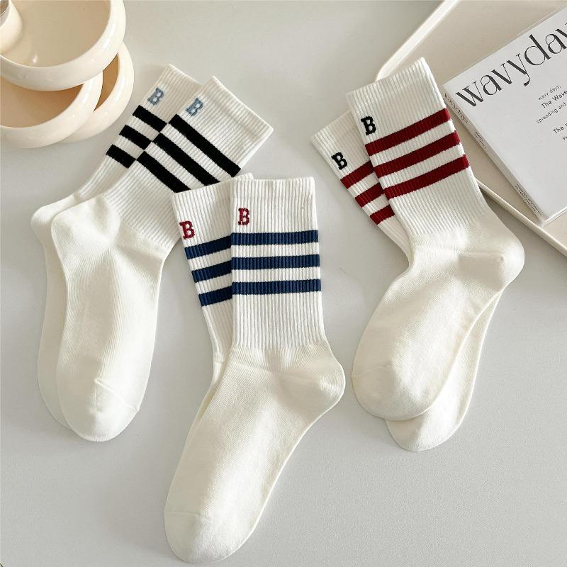 Striped Socks, Women's Mid-calf High-top Socks, Versatile, Simple, Sporty, School Style, Spring and Autumn Cotton Socks