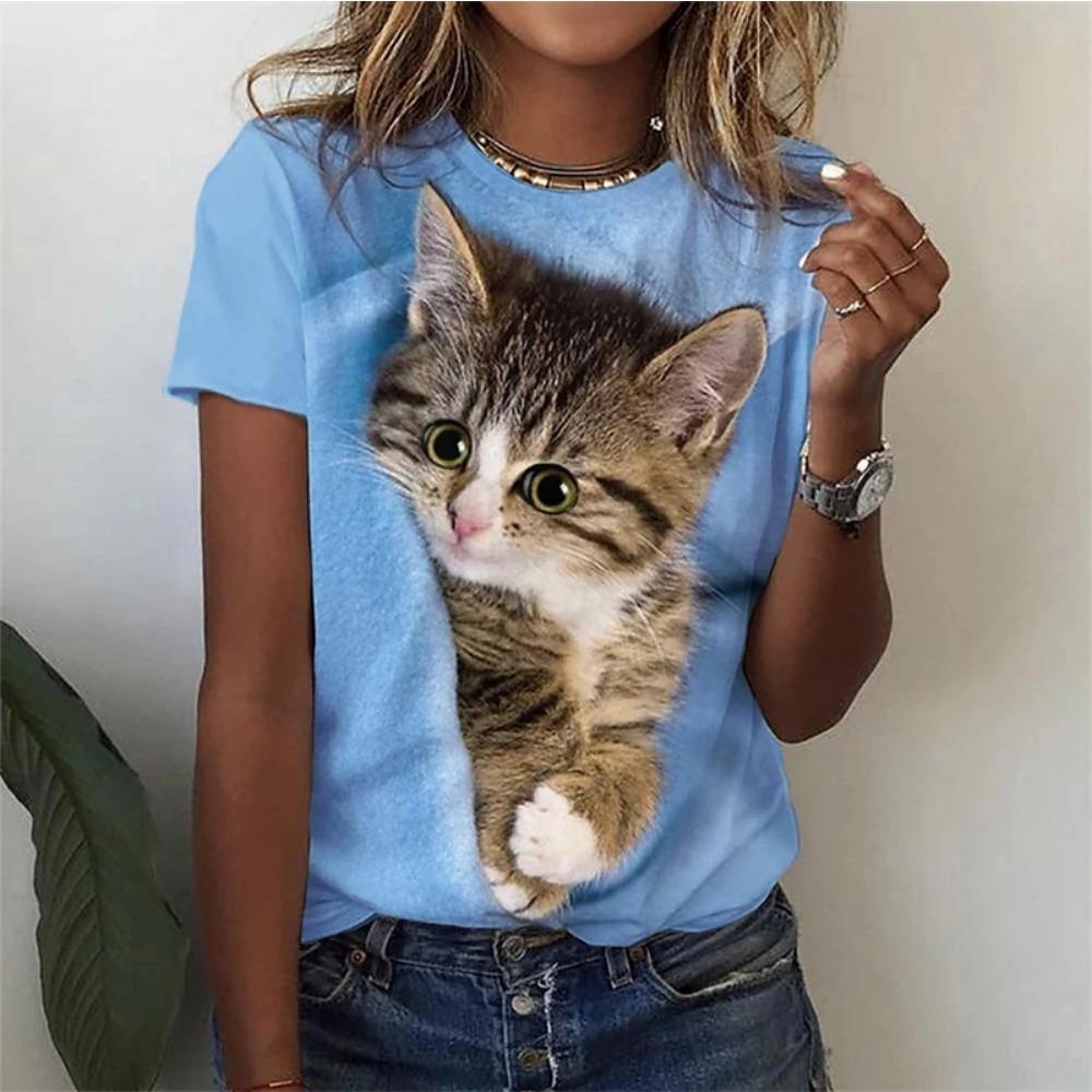 Kawaii Cat T Shirt For Women Summer O Neck Short Sleeve Top Harajuku Kitten Printed Women's T-Shirt Fashion New Female Clothes