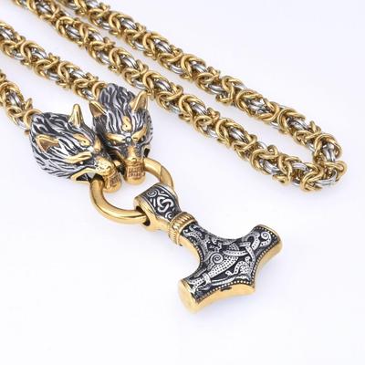 Collar con colgante de martillo de Thor de acero inoxidable vikingo nórdico, cadena de anillo de oro, collar con cabeza de lobo