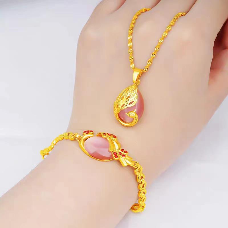 European Gold-Plated Women's Necklace & Bracelet Set with Cat's Eye Peacock Pendant Jewelry