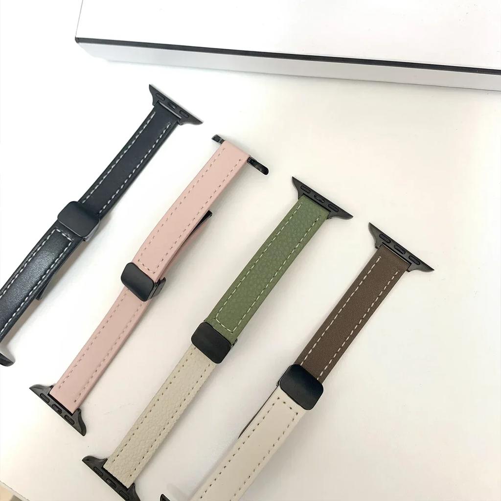 Magnetic Buckle Strap For Apple Watch 10 42/46mm SE 44 40mm 9 8 7 41 45mm Folding Slim Leather Bracelet iWatch Series 10 8 7 6 5