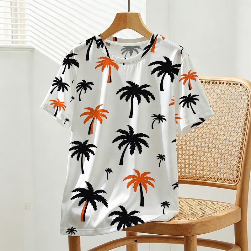 Palm Tree Print Casual T-Shirt,Comfy Soft Fabric,Loose Fit,Tropical Vibes Versatile Tee for Vacation,Daily Wear,Work Commute