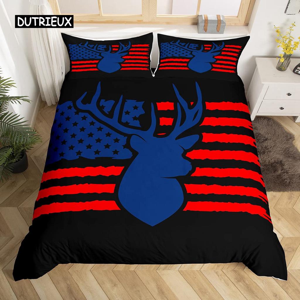 Camo Deer Duvet Cover Set Antlers Arrow Pattern Bedding Set Stripes Gird Camouflage Comforter Cover Microfiber King Quilt Cover