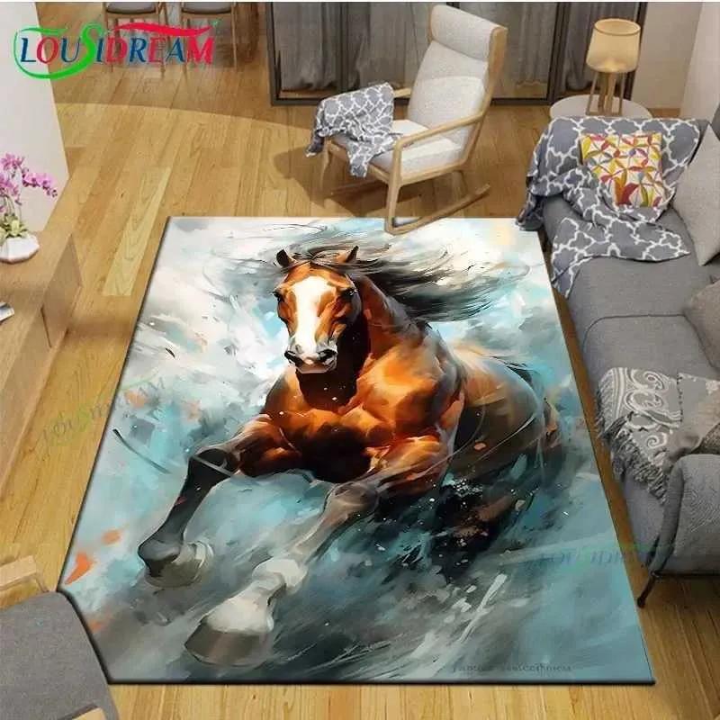 Realistic Running Horse Print Flannel Area Rug, Non-slip Soft Floor Mat for Living Room Bedroom Home Decor
