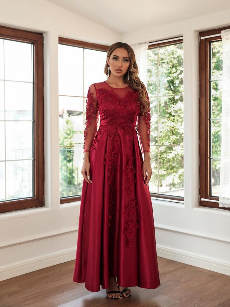 Women Elegant Sequins Lace V Neck Long Sleeves Bride Bridesmaids Wedding Long Dress Gorgeous Party Maxi Ball Gowns